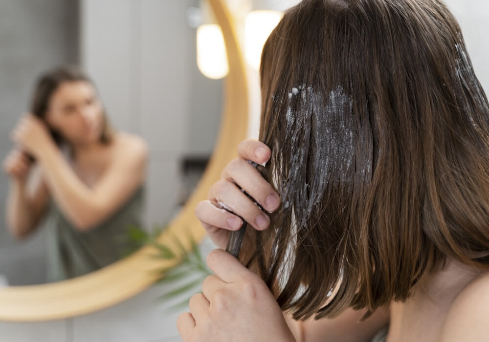 Mujer mostrando su cabello seco y maltratado, destacando 5 señales de que necesita hidratación urgente con productos naturales